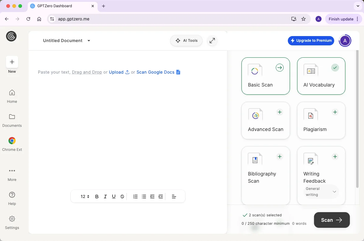 GPTZero's intuitive dashboard interface, showcasing scan options and real-time analysis tools