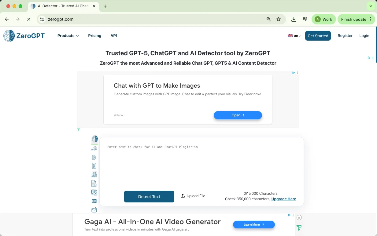 The ZeroGPT homepage and detection interface, featuring the main text input box for instant AI checks